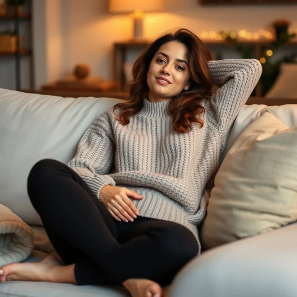 Woman relaxing on a sofa wearing a cozy knit sweater and joggers, warm home ligh