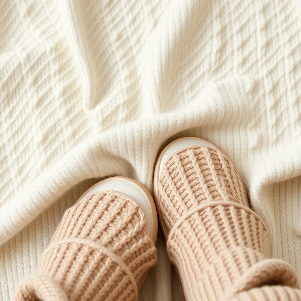 Close-up of soft loungewear fabric texture — knit sweater and slippers, flat lay