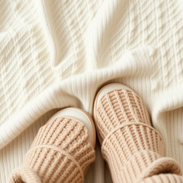 Close-up of soft loungewear fabric texture — knit sweater and slippers, flat lay
