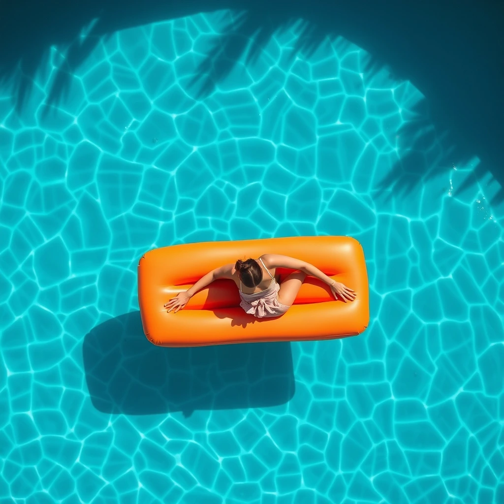 "Woman floating on a pool inflatable, overhead drone shot, turquoise water, reso