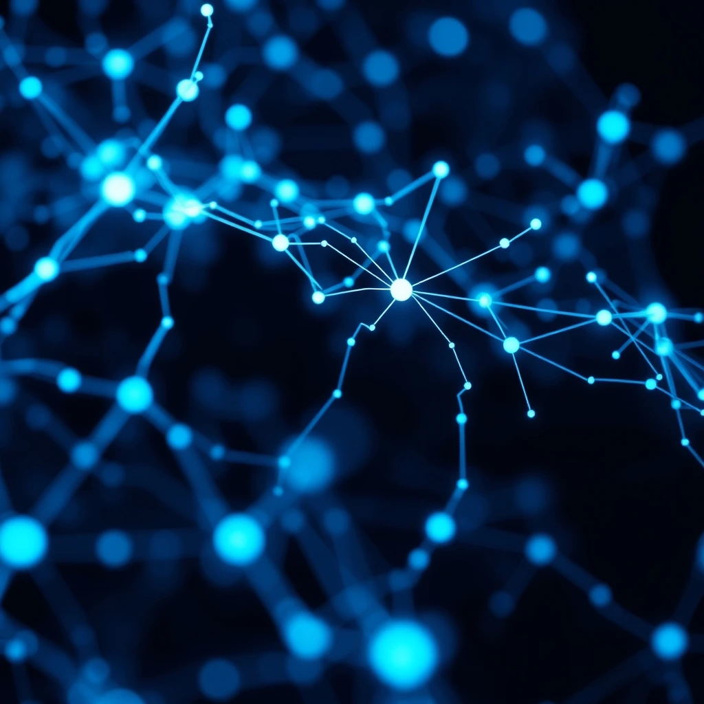 Abstract visualization of neural network nodes glowing blue, dark background, fu