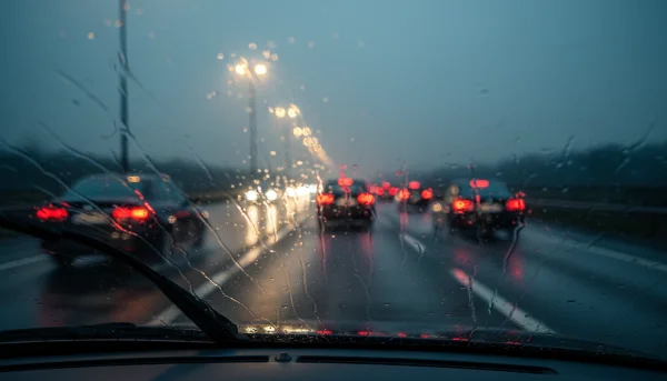 Rainy road cars are moving  dim light fe... 1