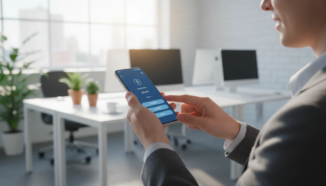 Professional using mobile banking app on... 1