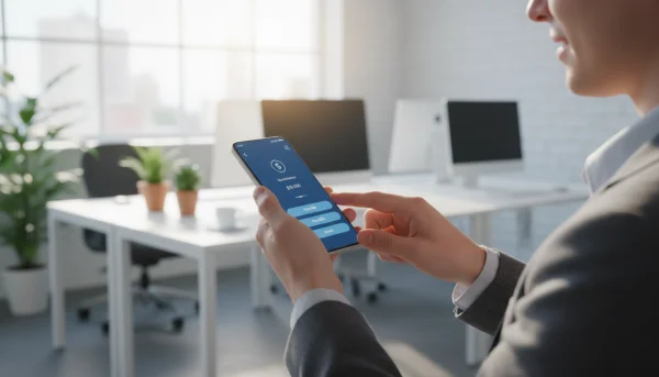 Professional using mobile banking app on... 1