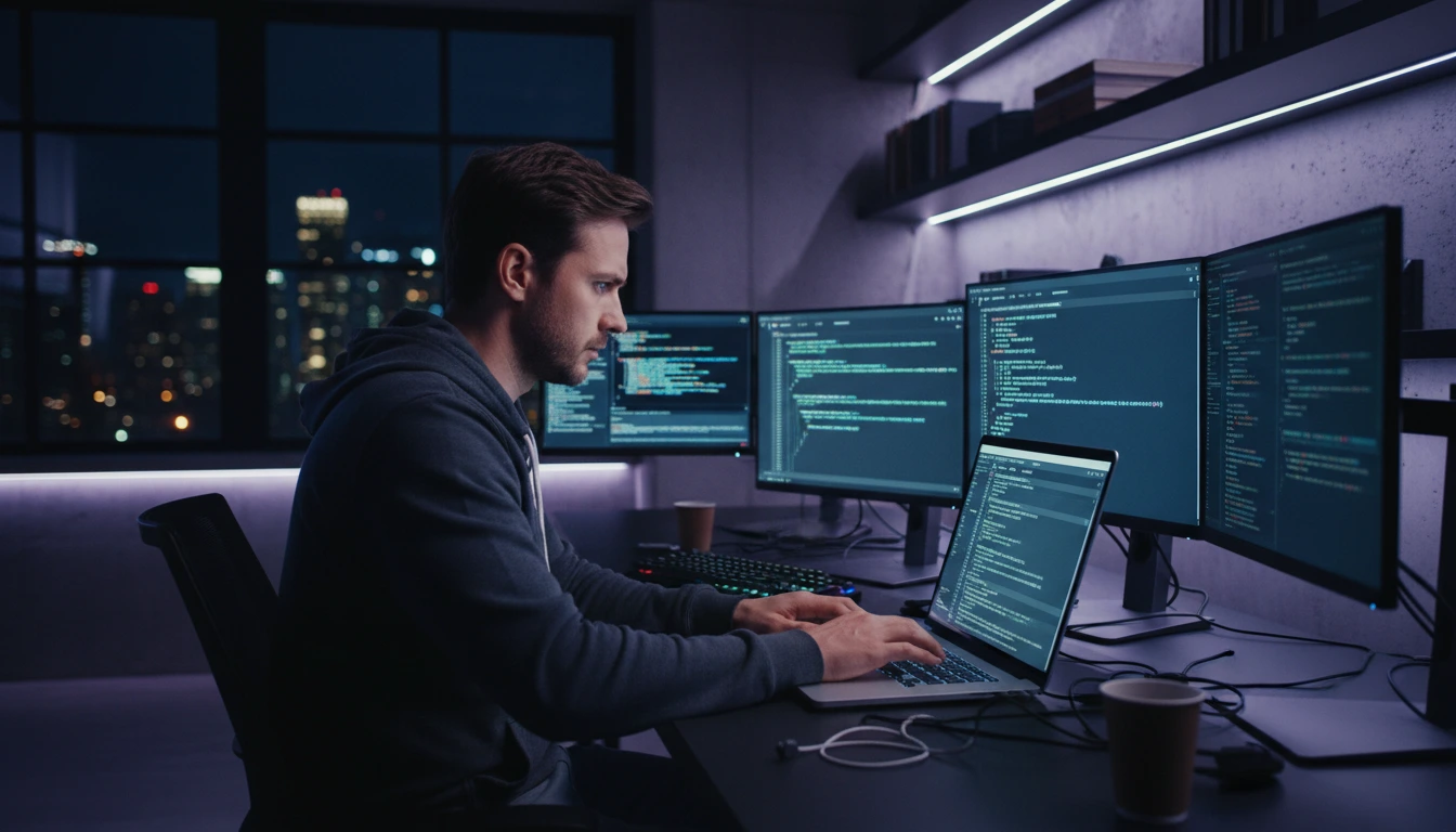 Professional software developer coding o... 2