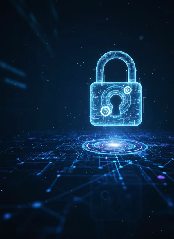 Digital padlock floating over abstract d... 1