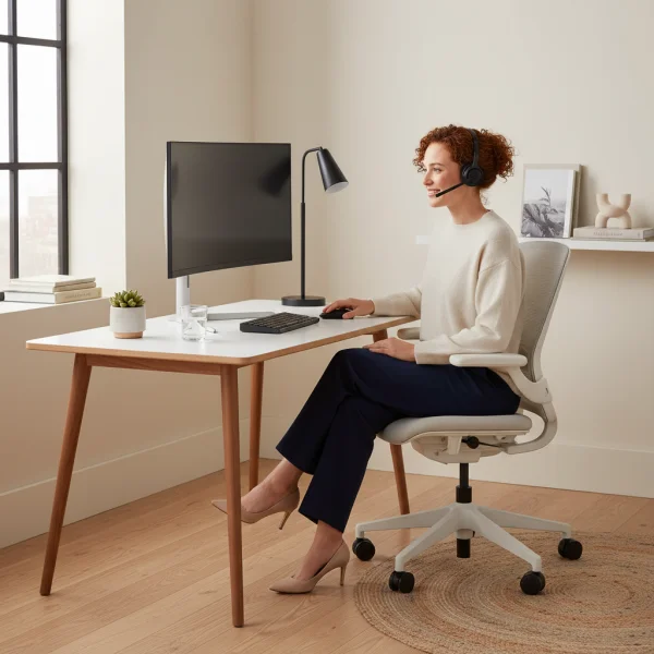 A woman wearing a headset working from a... 1